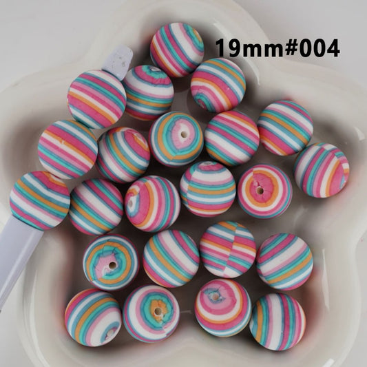 Large Colorful Stripes Round Printed Silicone Beads 19MM, Number 004