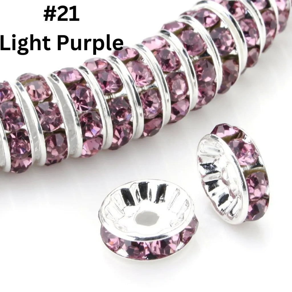 Straight Flat Round Metal Spacers with Rhinestones in Solid Colors, 10mm