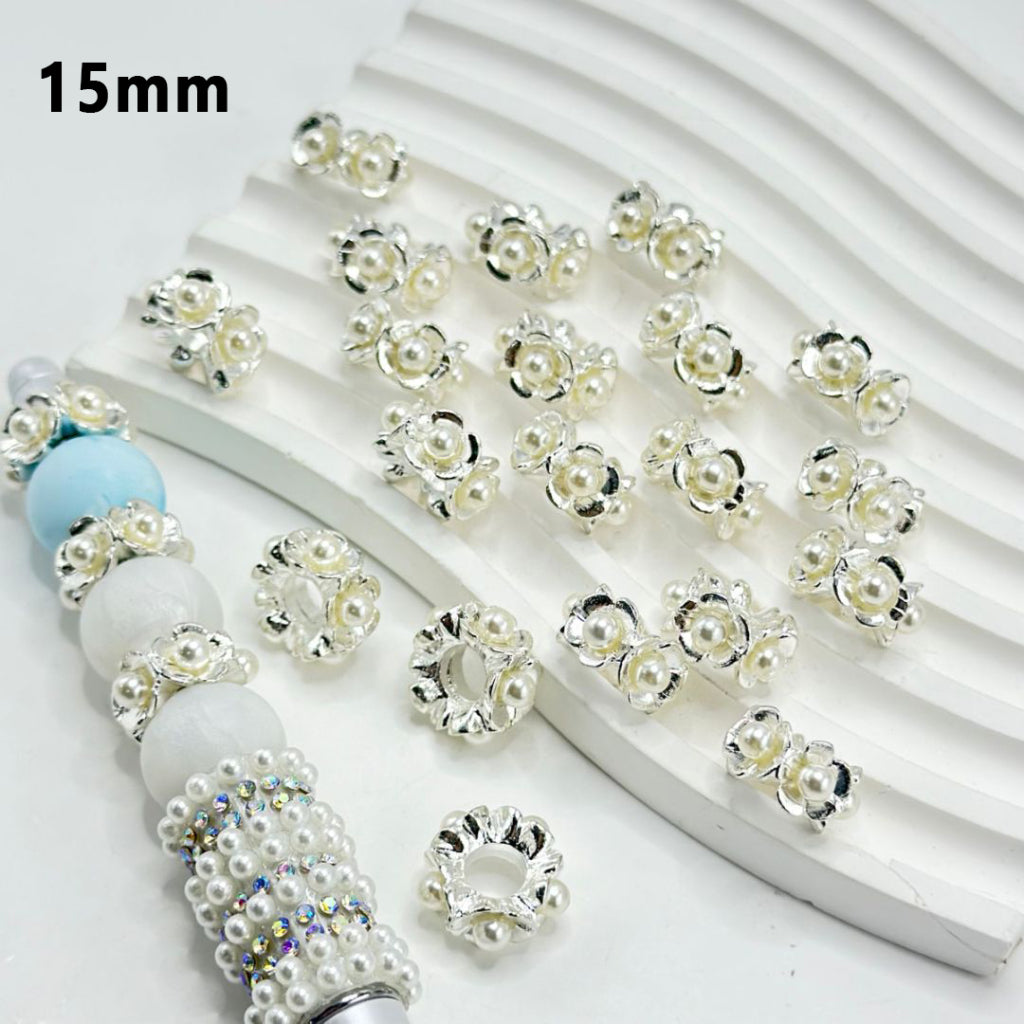 Beadable Silver Color Metal Flower Spacer with White Pearls, 15MM