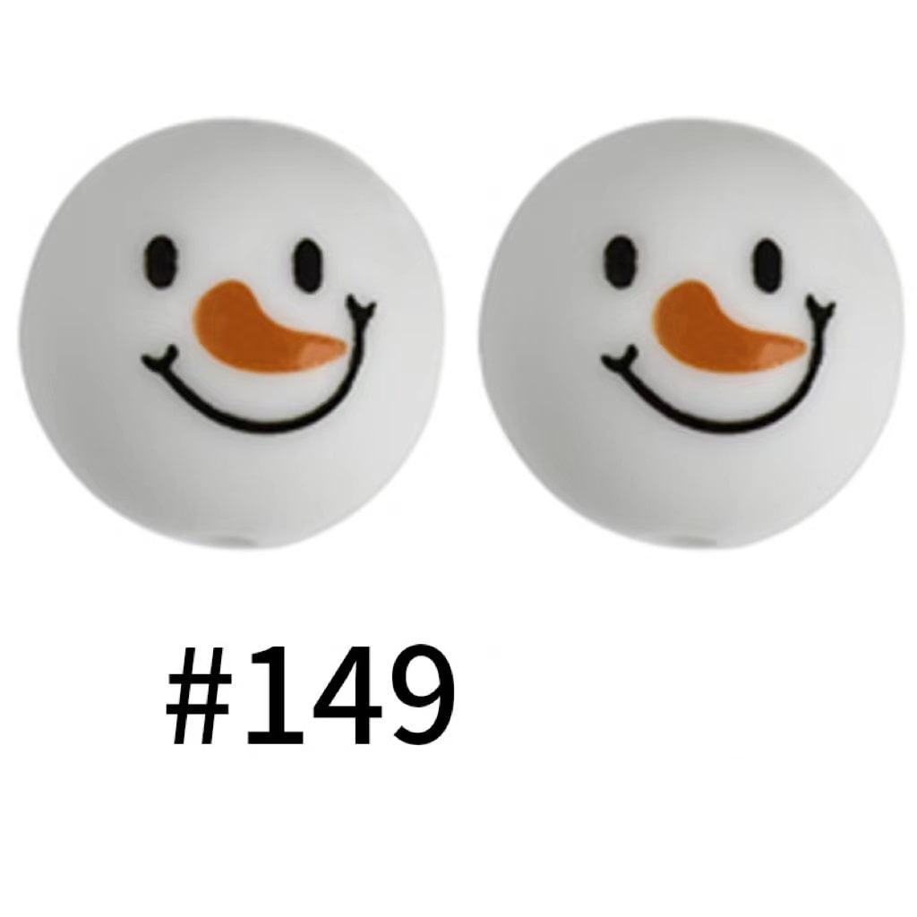 Snowman Beads, Printed Silicone Beads with Snowman Head and Body Design, Size 15mm, Round