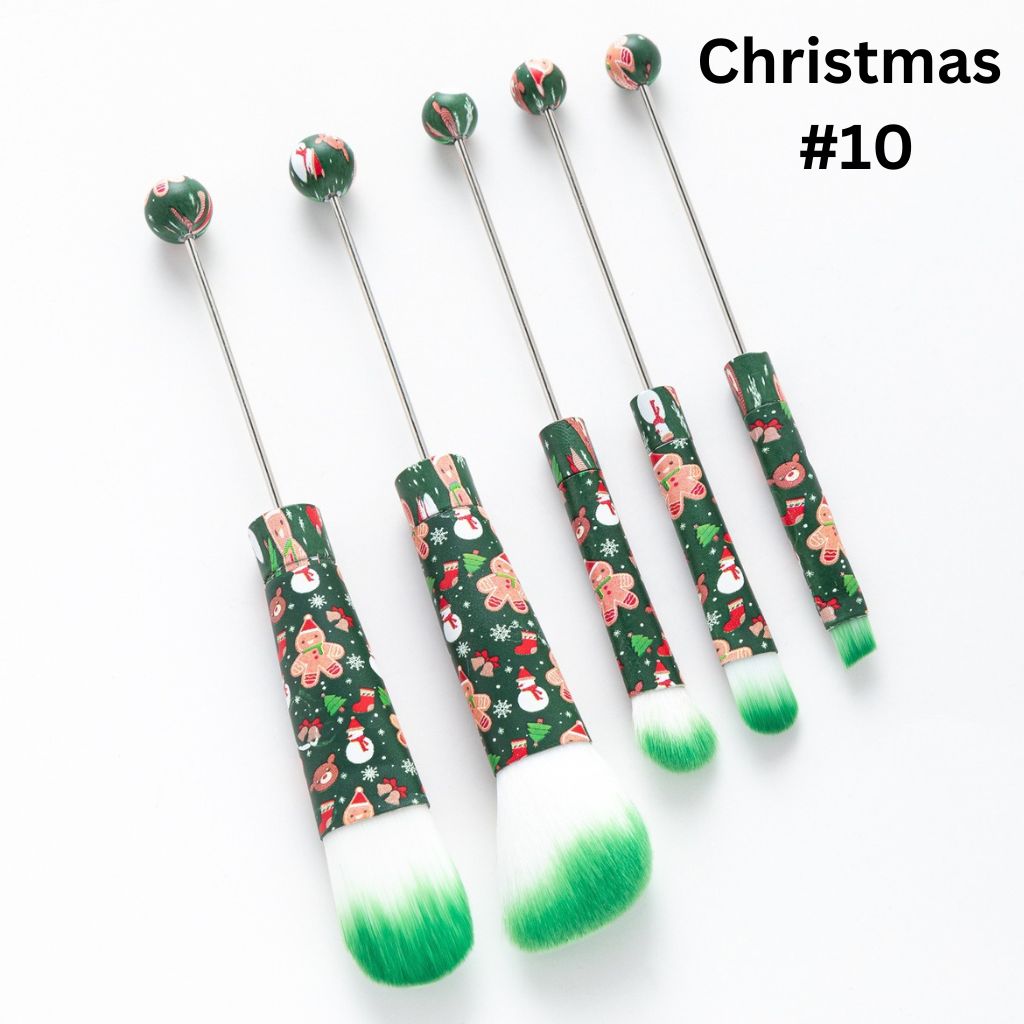 Metal Beadable Christmas Printed Makeup Brushes (1 Set = 5 pieces)