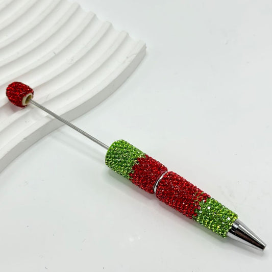 Beadable Clay Pens with Christmas Green Red Rhinestones Covered the Entire Pen