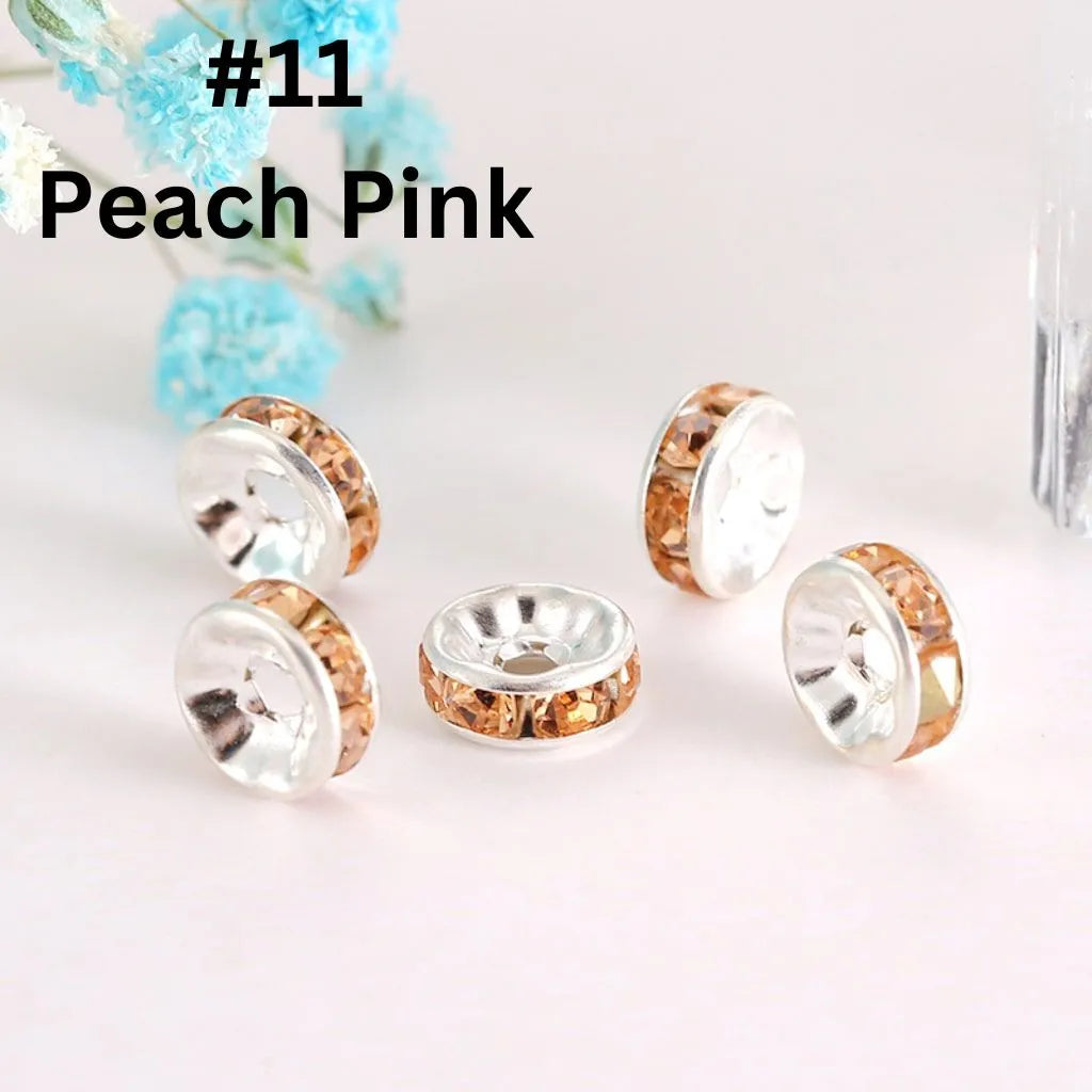 Straight Flat Round Metal Spacers with Rhinestones in Solid Colors, 10mm