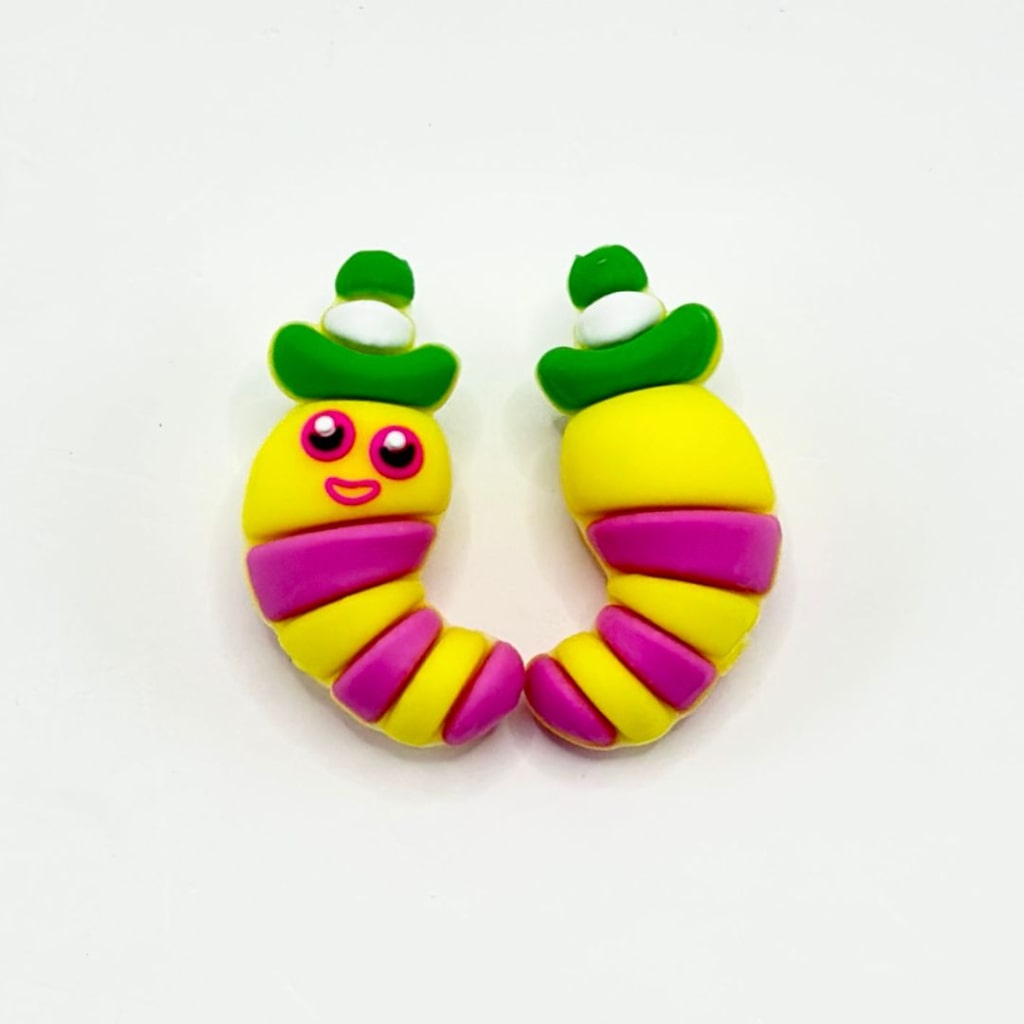 Mini Cute Yellow Rose Red Worm Insect with Green Hats Silicone Focal Beads