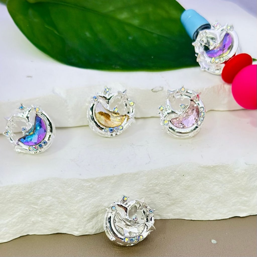 Exquisite Fancy Silver Alloy Crescent Moon Stars with Colorful & AB Rhinestones Beads, Around 17MM