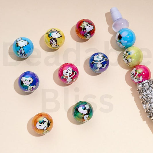 UV Finish Colorful Snoop Peanu Round Acrylic Beads, 16MM, Random Mix