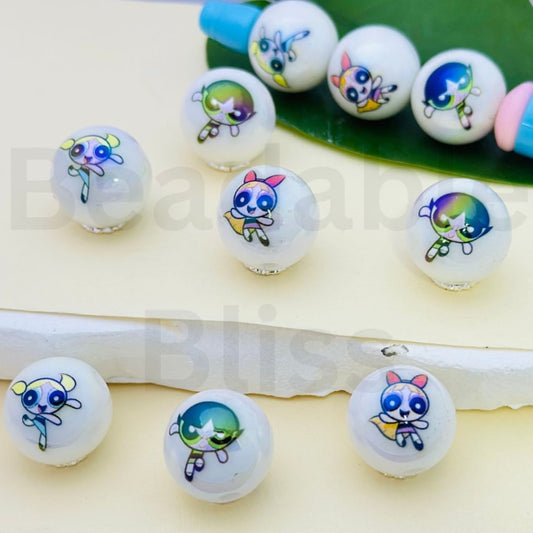 UV Finish Cute Power Puf Girls White Round Acrylic Beads, 16MM, Random Mix