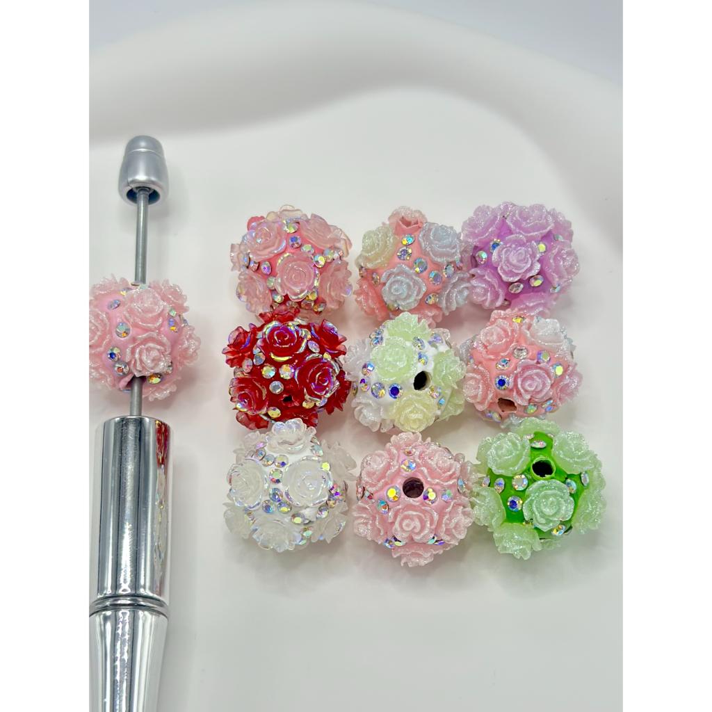 Elegant Style Clay Beads with Multicolor Glittery Roses in Light Pastel Colors and Ab Color Rhinestones 18mm Random Mix