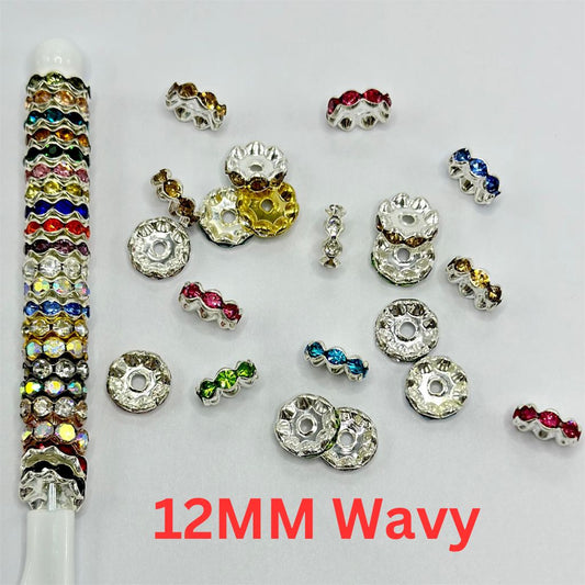 Metal Wavy Spacers with Rhinestones in Solid Colors, 12MM