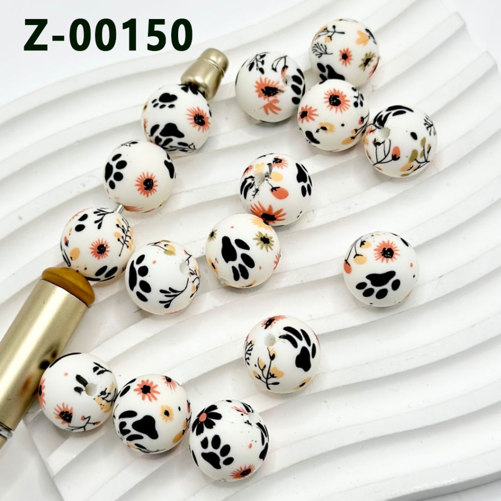 Colorful Mini Flowers Black Paw Prints  Round Printed Silicone Beads 15mm, Number Z-00150