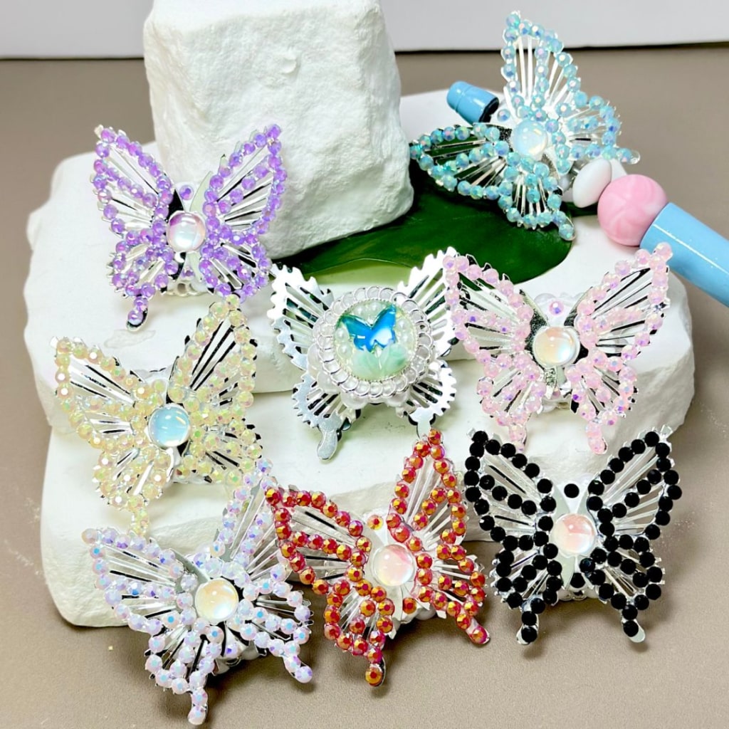 Bling Bling Fancy Silver Alloy Butterfly with Colorful Mini Rhinestones White Pearls Colorful Mini Butterfly Rhinestone Clay Beads,  Around 42*44MM