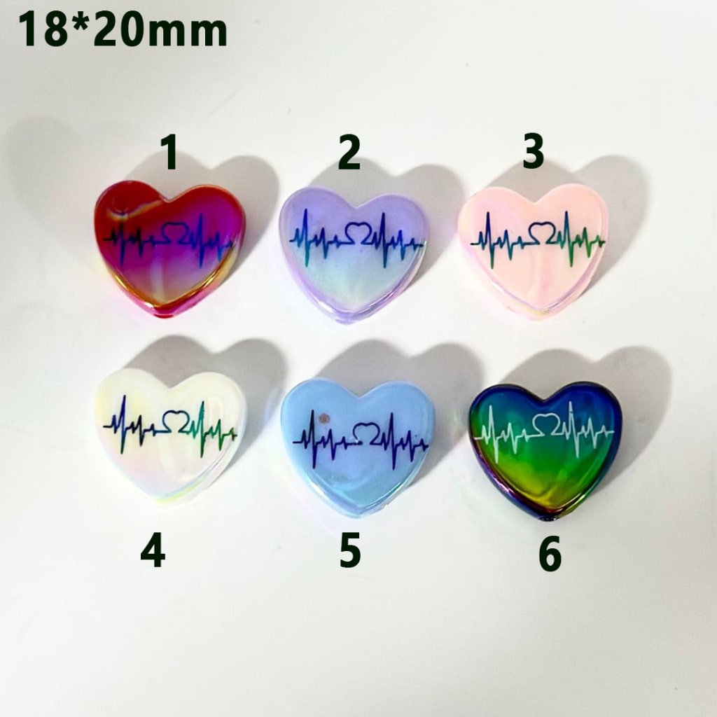 UV Finish Shiny Colorful Heart Acrylic Beads with Electrocardiograph, 18*20MM