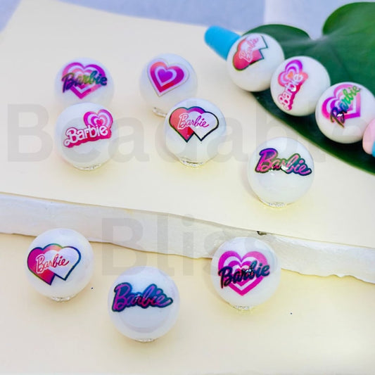 UV Finish Barbi Hearts White Round Acrylic Beads, 16MM, Random Mix