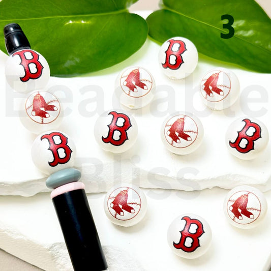 USA America Baseball Team Boston Red So Sports Frosted Matt White Round Acrylic Beads, 16MM, Random Mix