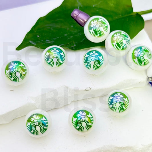 UV Finish Starbuc Coffee White Round Acrylic Beads, 16MM