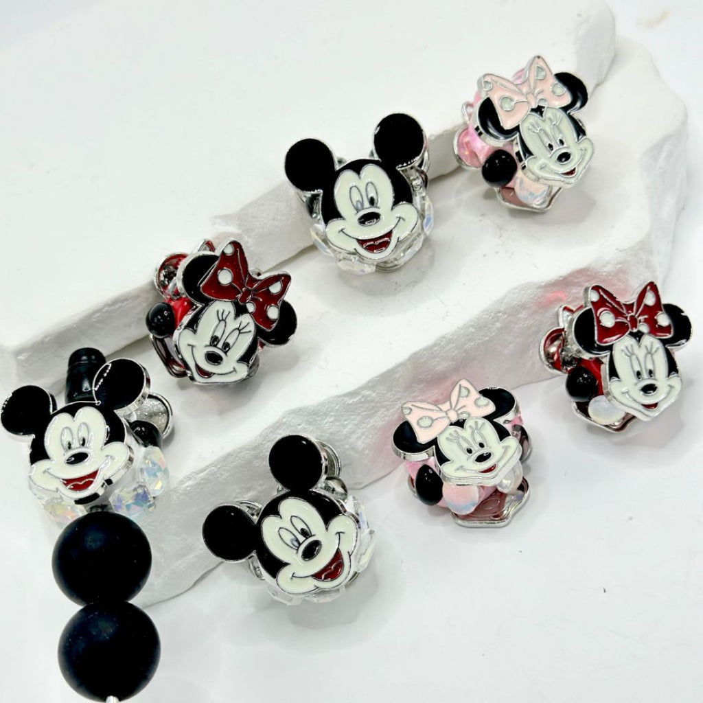 Vivid Alloy Micki Minni Mouse Head Disne with Colorful Shiny Oval Rectangle Snowflake Shape Rhinestones Clay Beads, Around 24*25MM