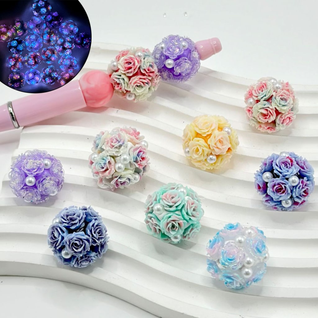 Luminous Glittery Rose Flowers White Pearls Round Clay Beads, Random Mix, 20MM