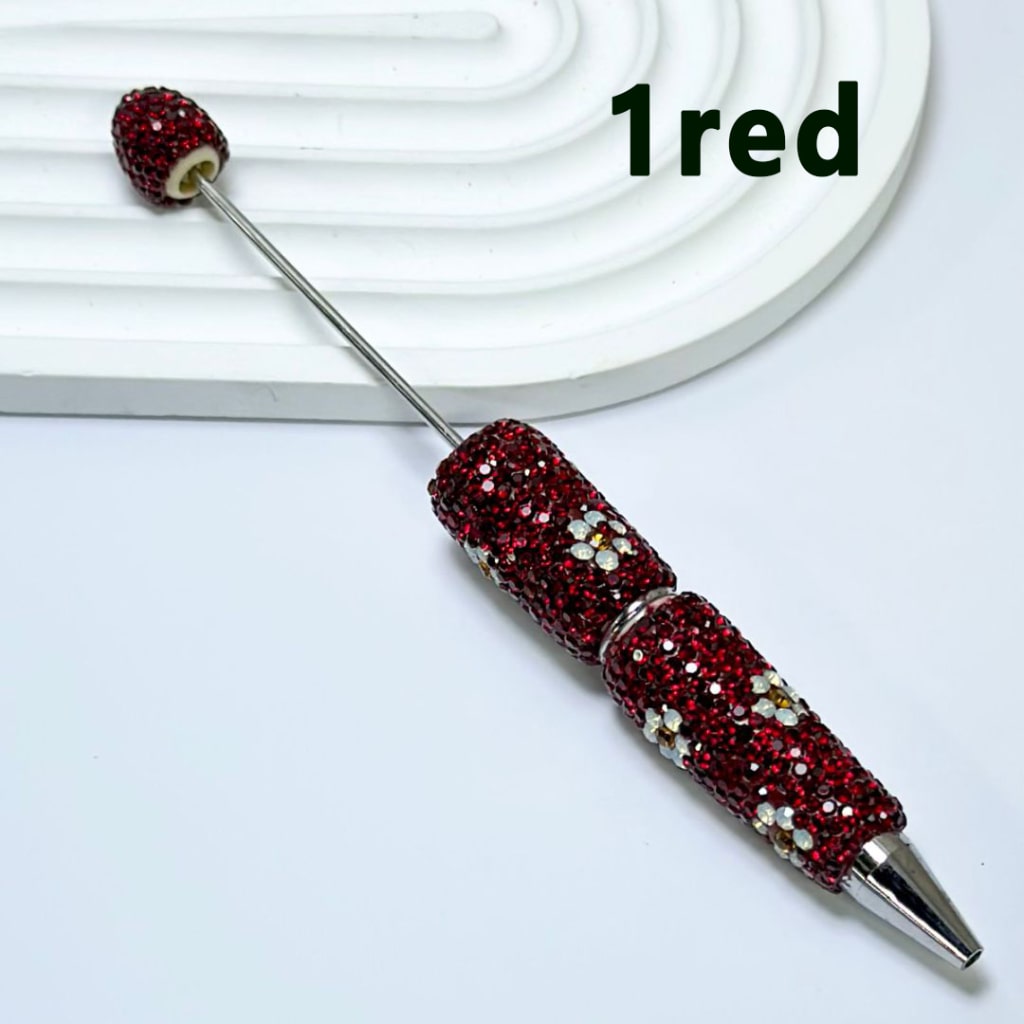 Beadable Clay Pens with White & Gold Flowers Colorful Shiny Rhinestones Covered the Entire Pen