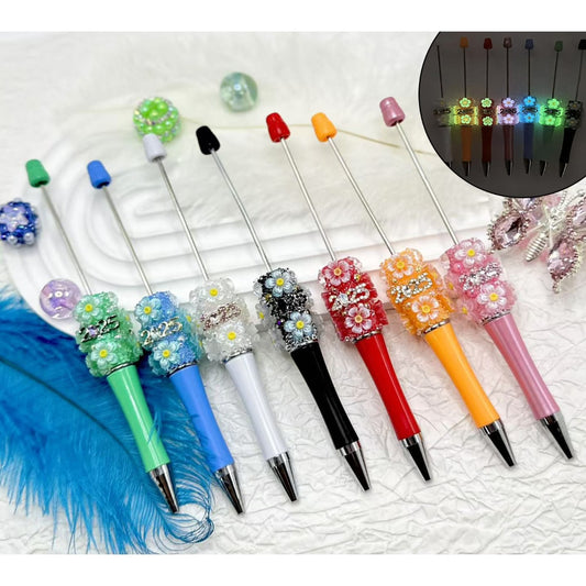 Solid Color Beadable Pens with Small Flowers Shiny Pearls Heart Diamonds 2025 Alloy Luxury Metal Nail Art Rhinestones