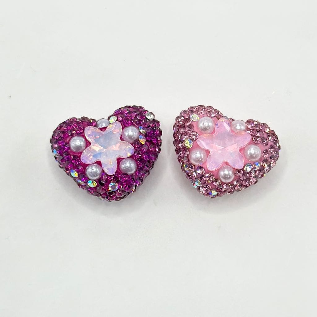 Heart Shape Clay Beads with Star Rhinestones and Small White Pearls, 25MM by 19MM