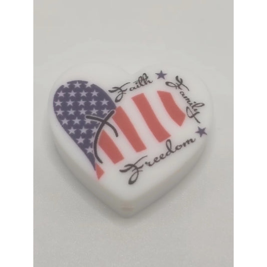 Faith Family Freedom USA Flag on Heart Silicone Focal Beads