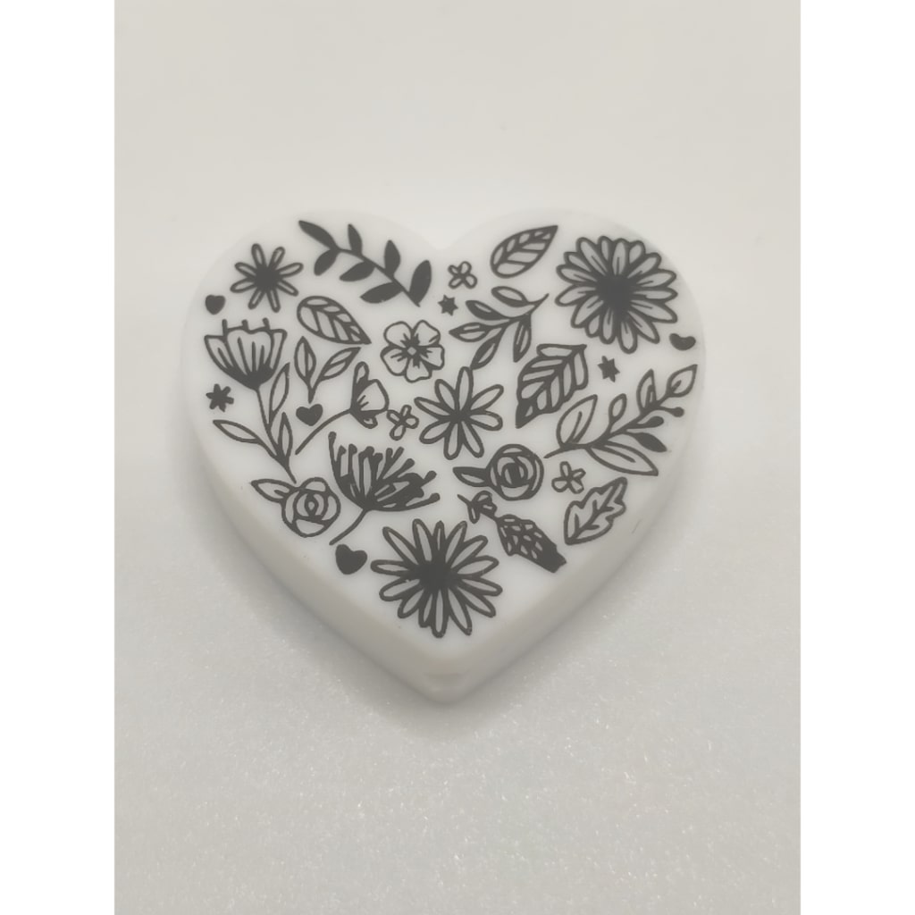 Various Black and White Flowers on Heart Silicone Focal Beads