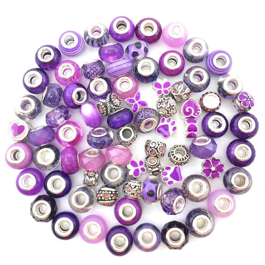 Purple Beads, Mix of Metal and Acrylic Beads with Big Hole, 80Pcs