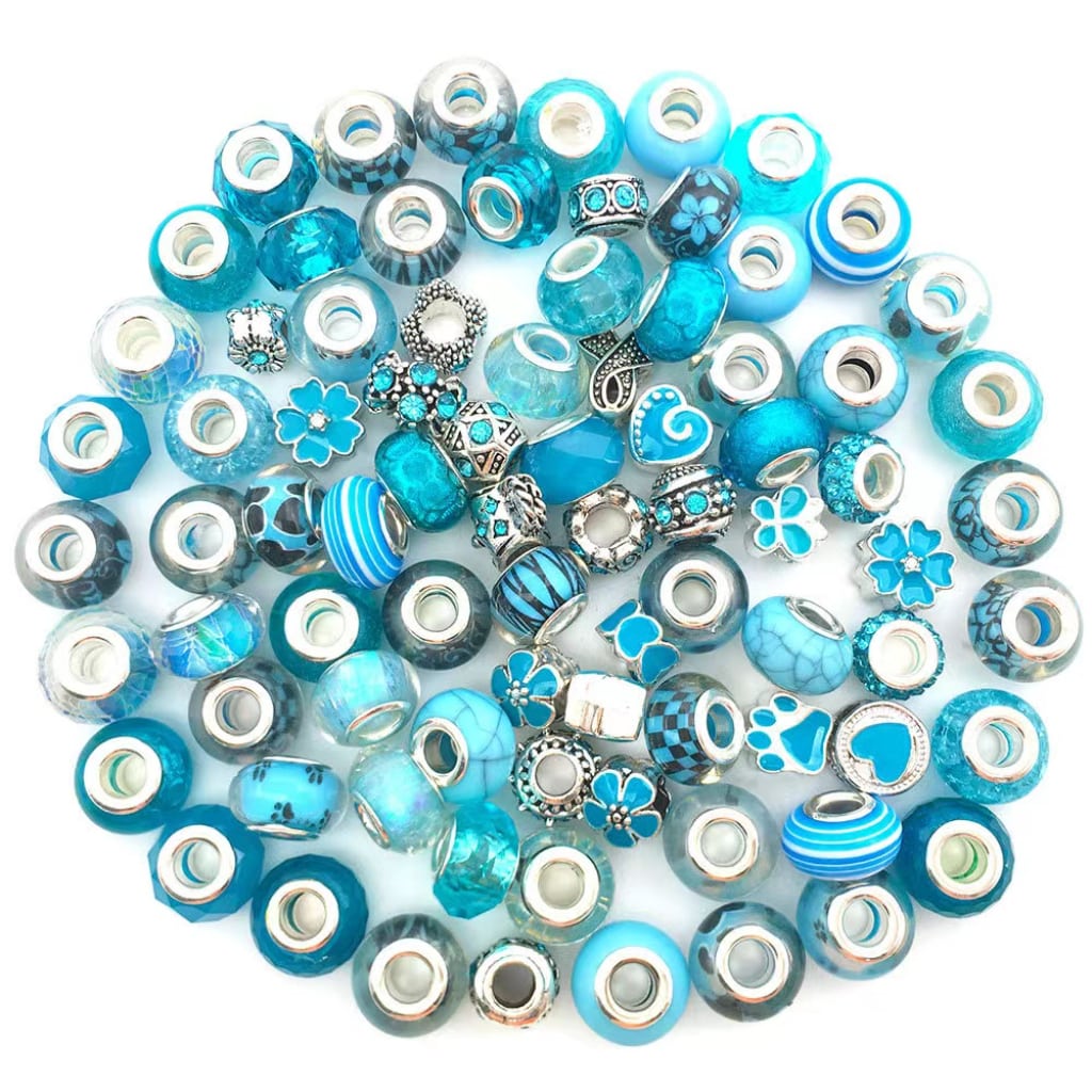 Turquoise Beads, Mix of Metal and Acrylic Beads with Big Hole, 80Pcs