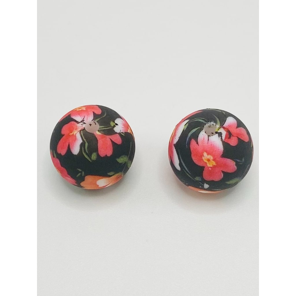 Red Flower Printed on Black Silicone Beads Number 309