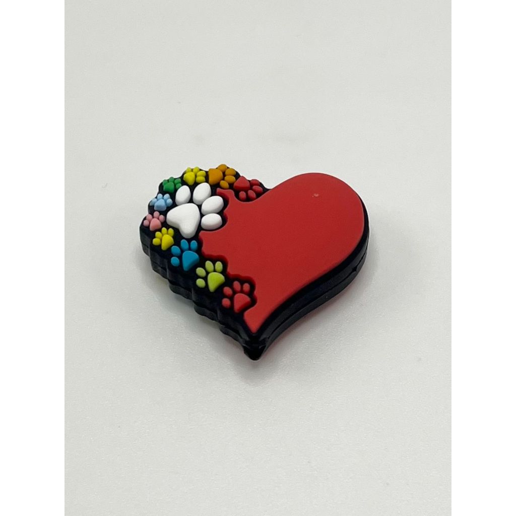 Red Heart with Colorful Paw Prints Silicone Focal Beads