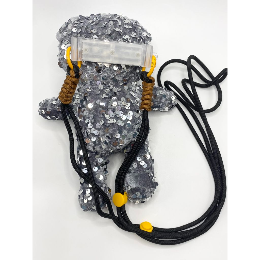 Bling Bling Grey Teddy Bear Phone Holder Clip with Hanging String Sling Strap