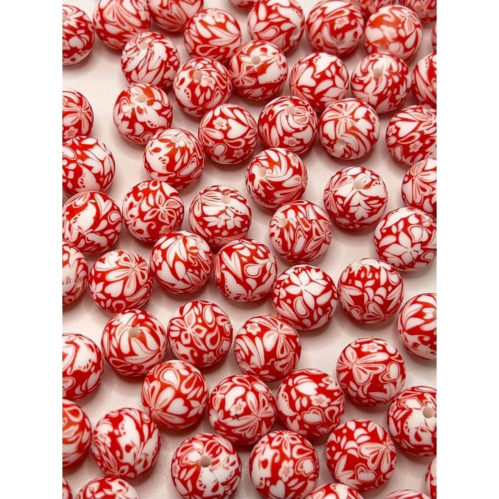 Red and White Flowers Printed Silicone Beads Number 458