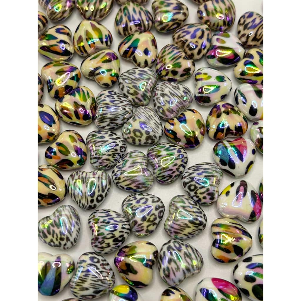 All Leopard Jaguar Print Heart Acrylic Beads, Random Mix 20mm