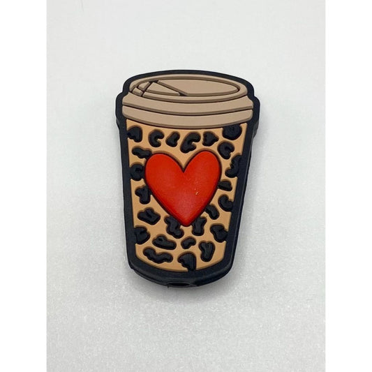 Leopard Print Coffee Cup with Heart Silicone Focal Beads