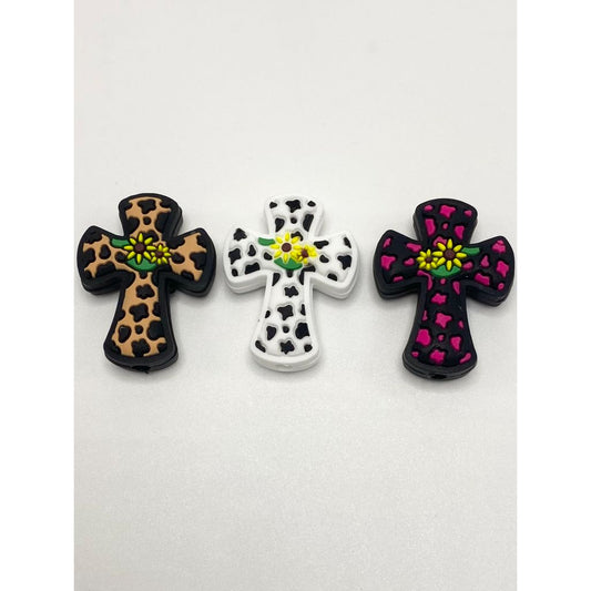 Cross with Sunflower Cow Print Silicone Focal Beads