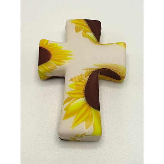 Sunflower Printed White Cross Silicone Focal Beads