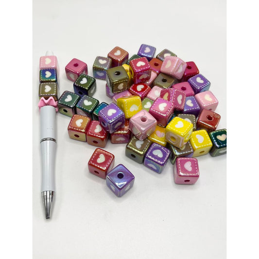 Cube Acrylic Beads with Heart & Stripe, 15mm, WQ