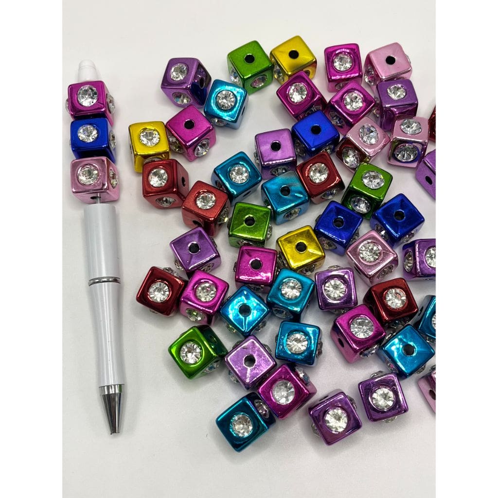 UV Finish Cube Acrylic Beads with Large Rhinestone, 14mm, LL