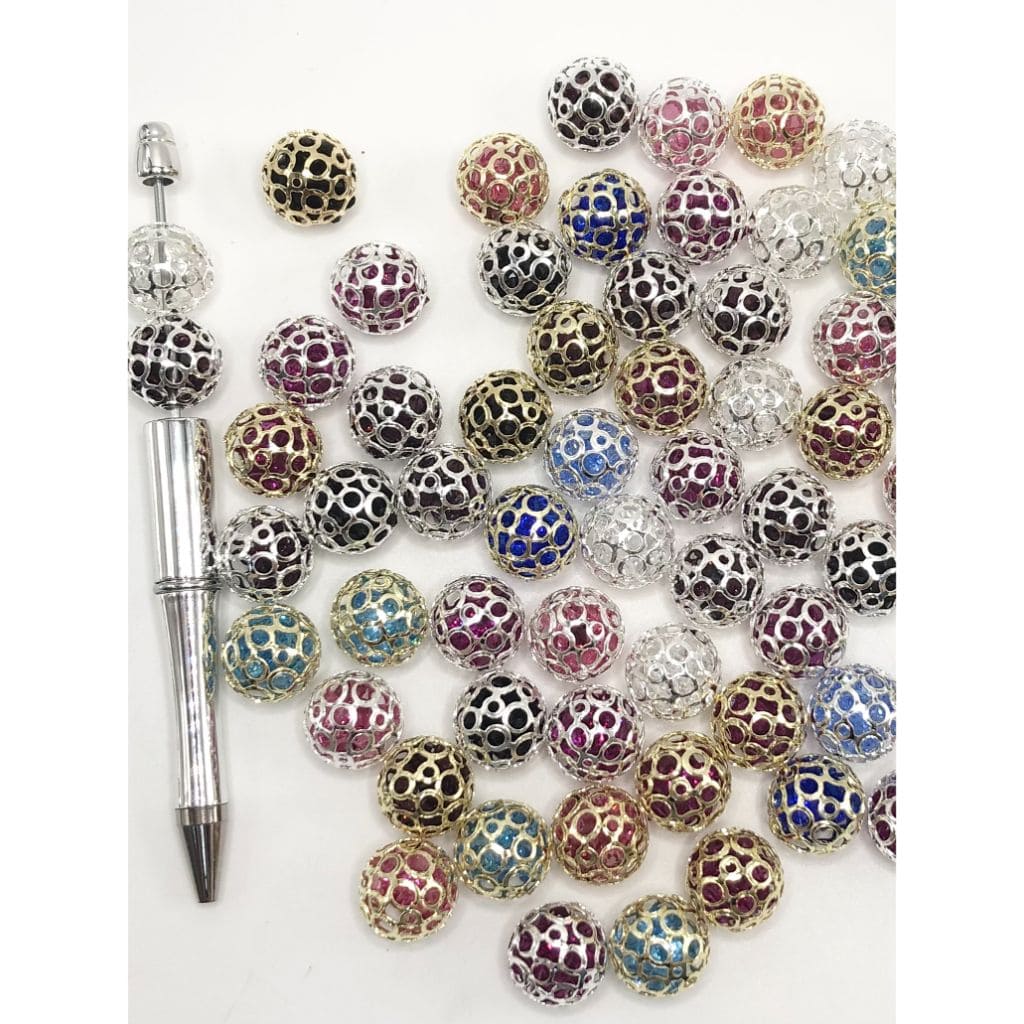 Metal Beads Filled with Acrylic Rhinestones, Round Shape, Hollow, Random Mix, 18mm