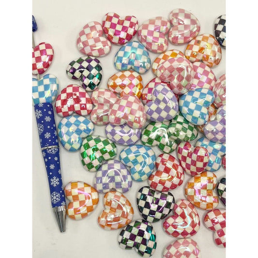 Heart Acrylic Beads with Checkered Plaid Pattern, WQ