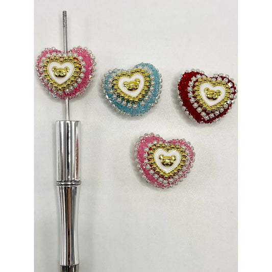 Sugar Heart Acrylic Beads with Gold Bear & Chain, Random Mix Color, MG