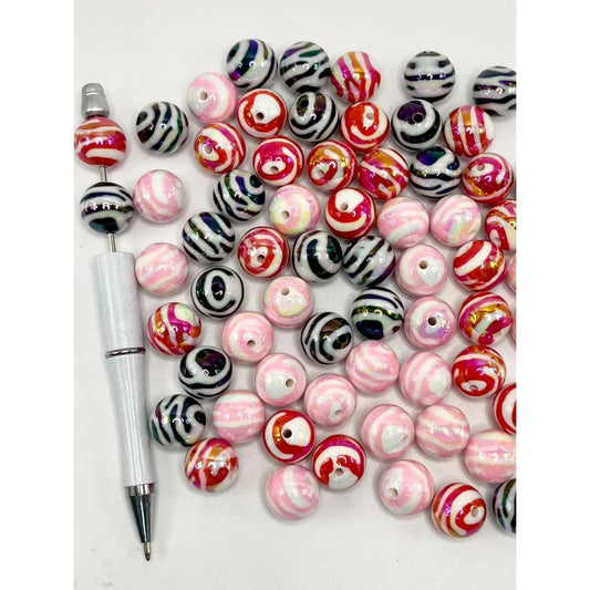 Acrylic Beads with White & Red, Black, Pink Stripes