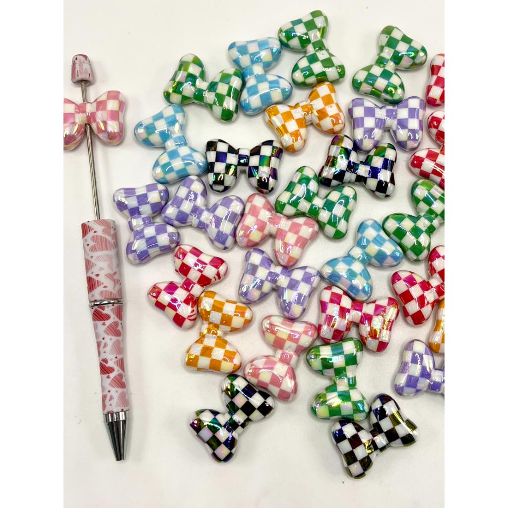 Cute Bowtie Acrylic Beads with Checkered Plaid Pattern, WQ