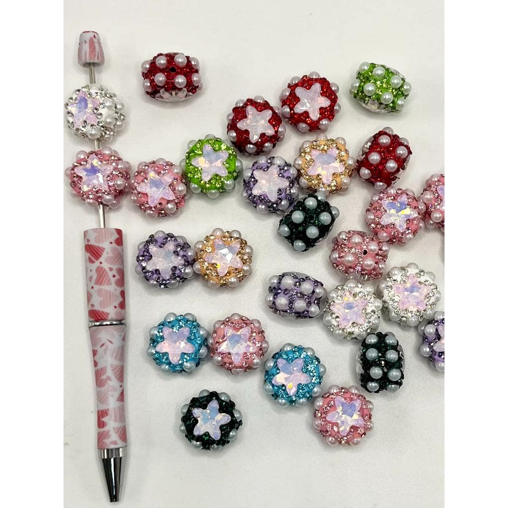 Clay Beads with Fancy Star Rhinestones and Flatback Pearls, Random Mix, FW