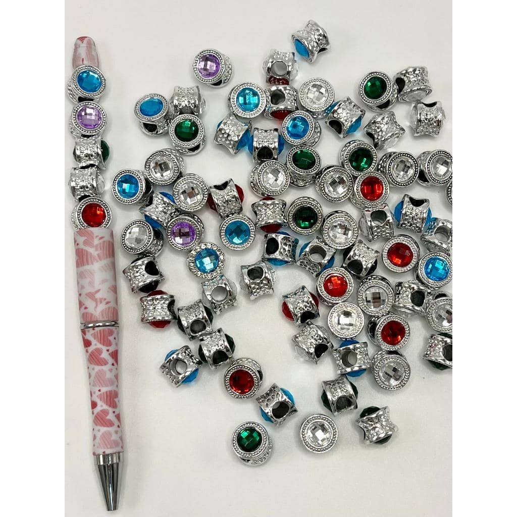 Patterned Silver Spacer Acrylic Beads with Rhinestones, Random Mix Color, 10mm, YL