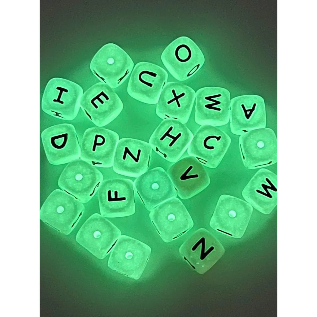 Luminous Cube Silicone Letter Beads, 12mm, Glow in the Dark