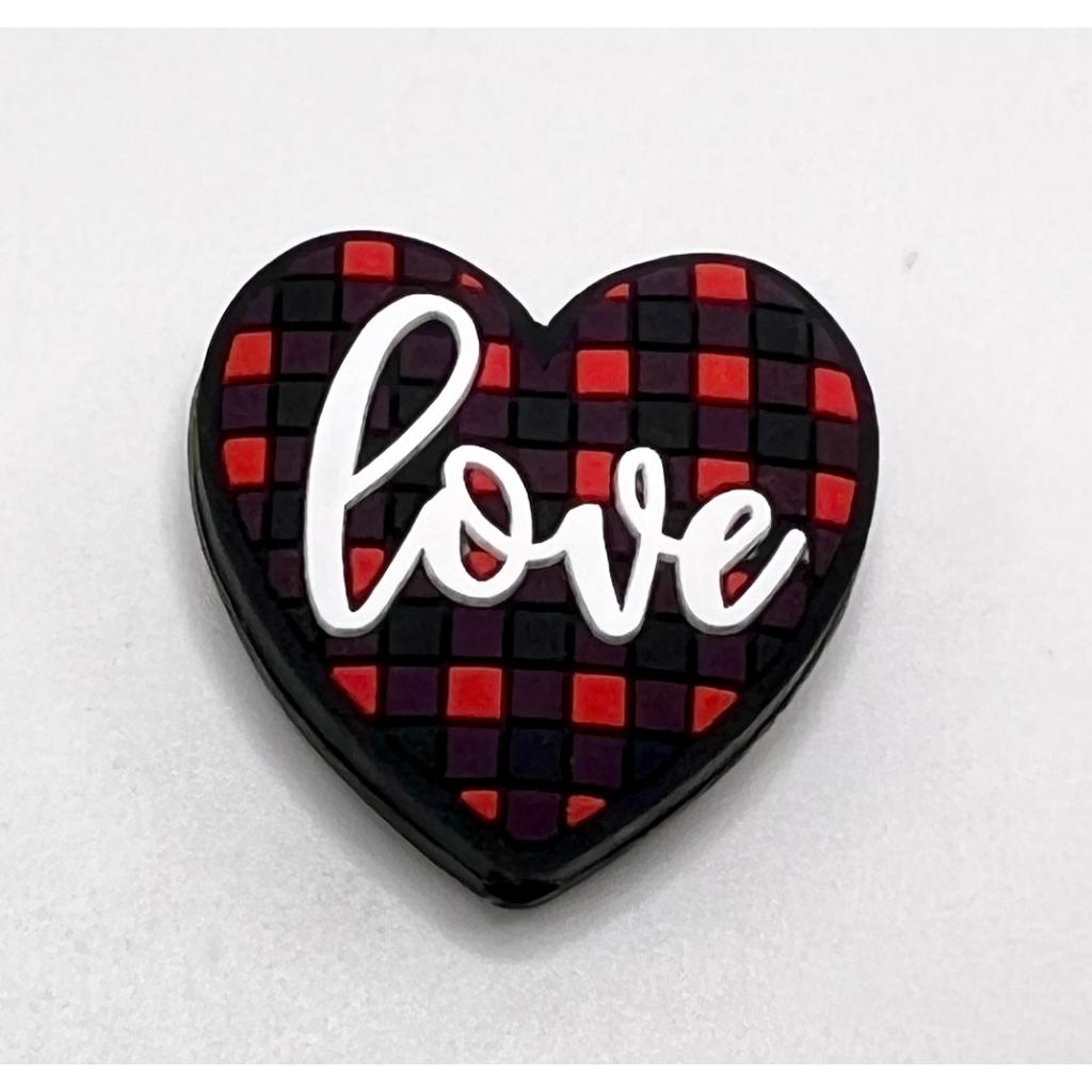 Buffalo Plaid Checkered Red Love Heart Valentines Silicone Focal Beads