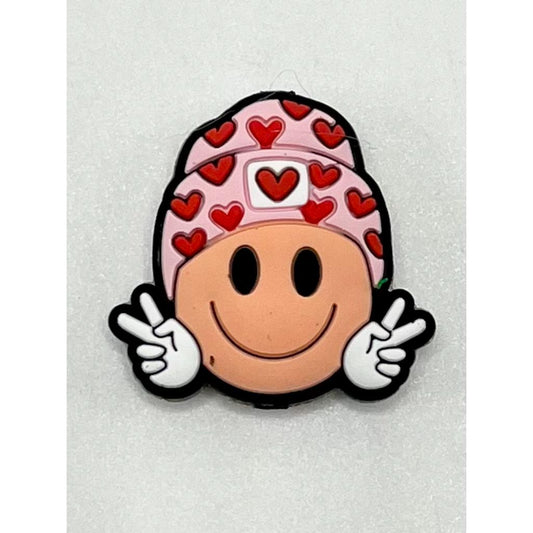 Happy Face Bead, Smiley Face with Heart Beanie for Valentine's Day Silicone Focal Beads