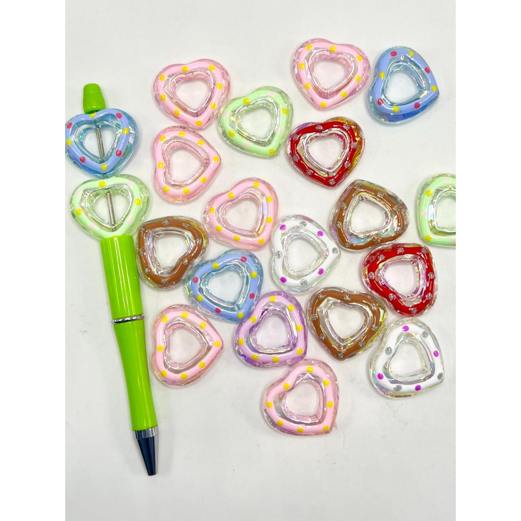 See Thru Clear Heart Shape Donut Doughnut Acrylic Beads with Spots, Random Mix Color