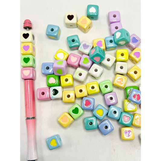 Square Cube Acrylic Beads with Heart, 12mm, Random Mix Color